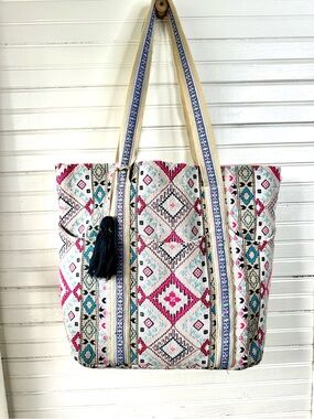 Nalini Geometric Woven Boho Tote Bag